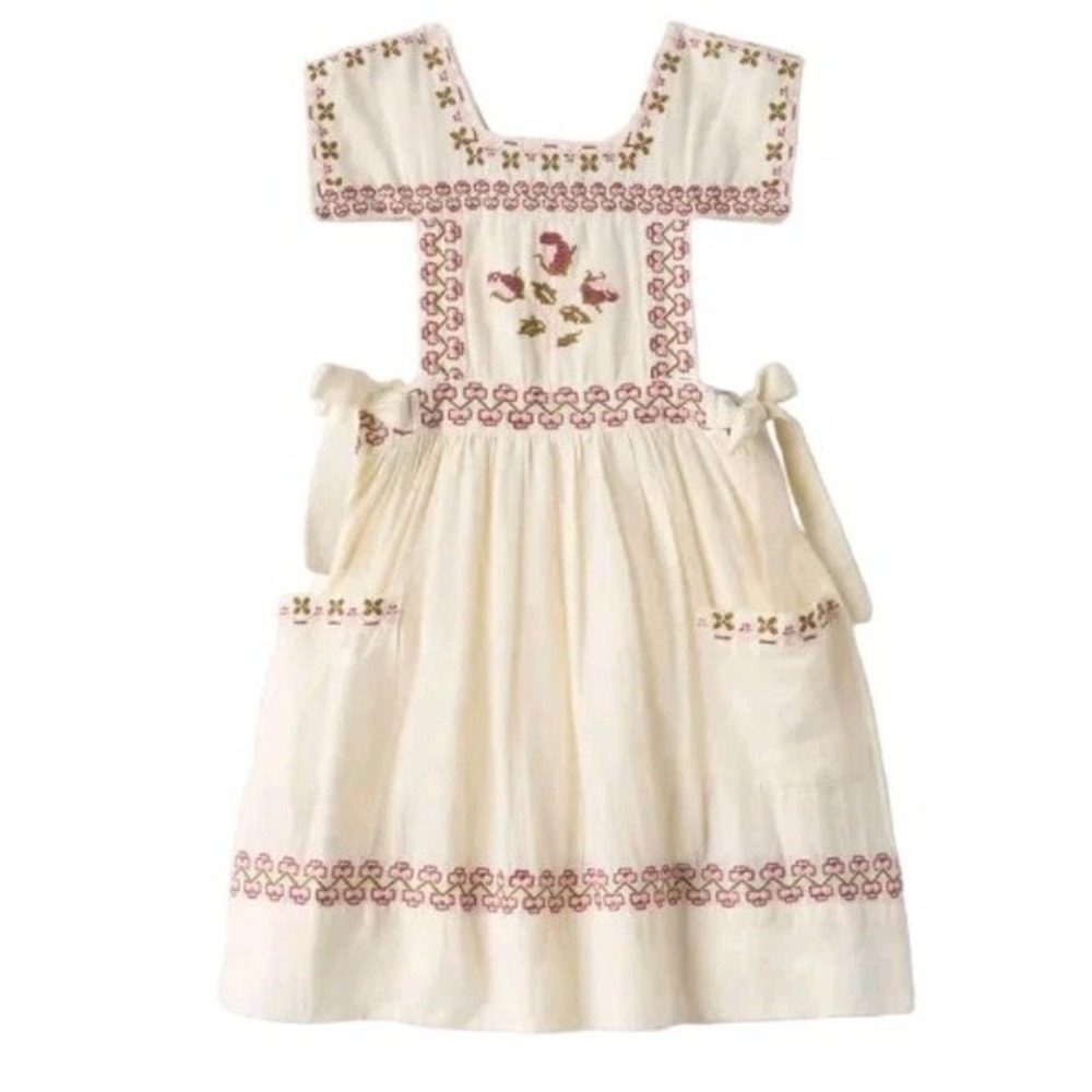 Lali Kids Embroidered 100 % Linen Pinafore Dress Girls Size 4 White Cottagecore